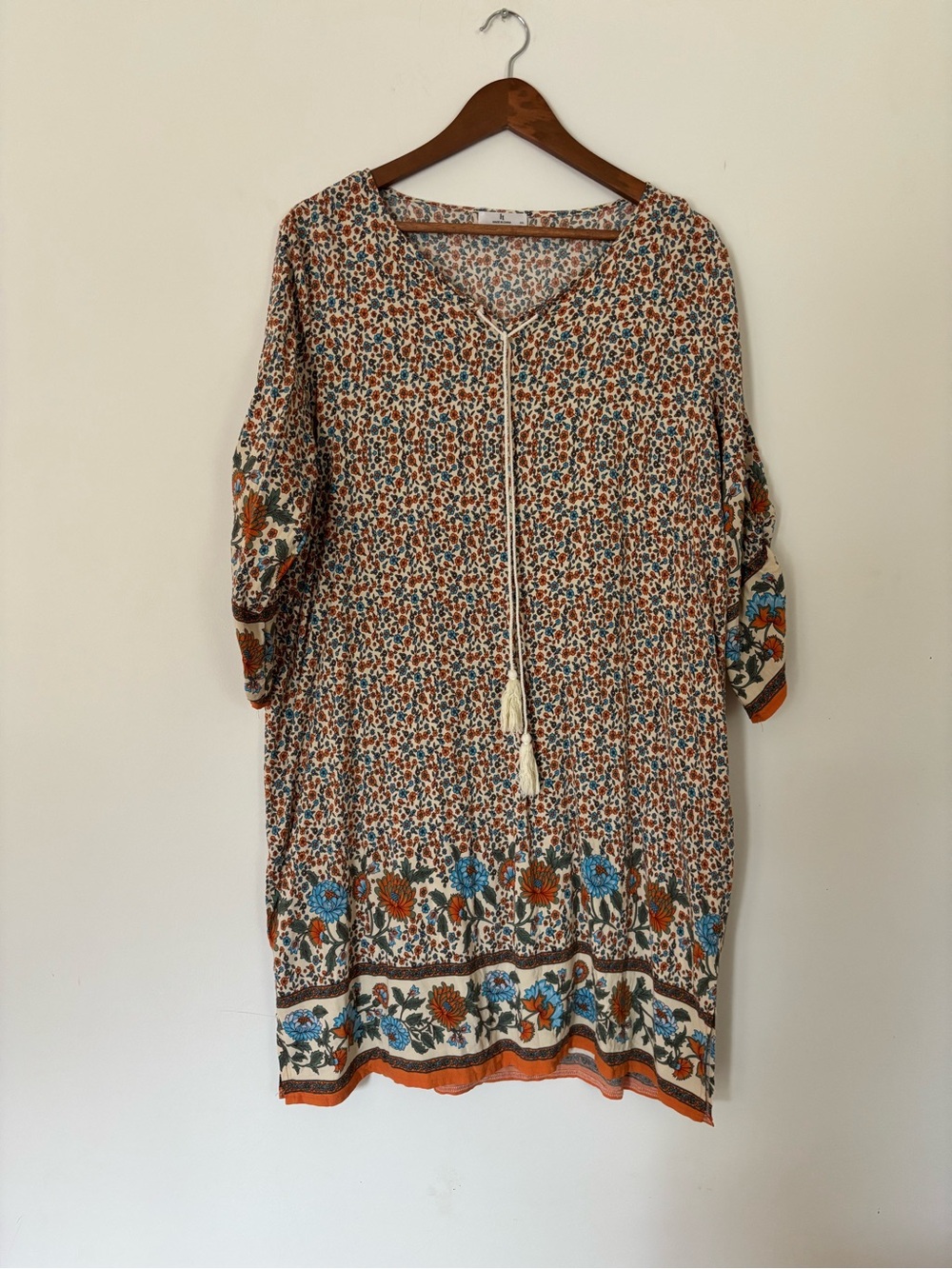 Boho Floral Tassel Tunic Dress in Rust and Blue